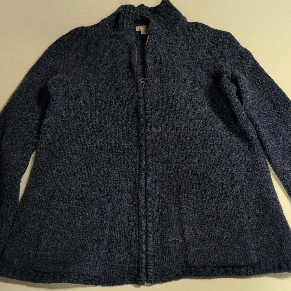 Vintage 90s J.Crew 100% Wool Full Zip Cardigan Navy Blue Mock‎ Neck Medium